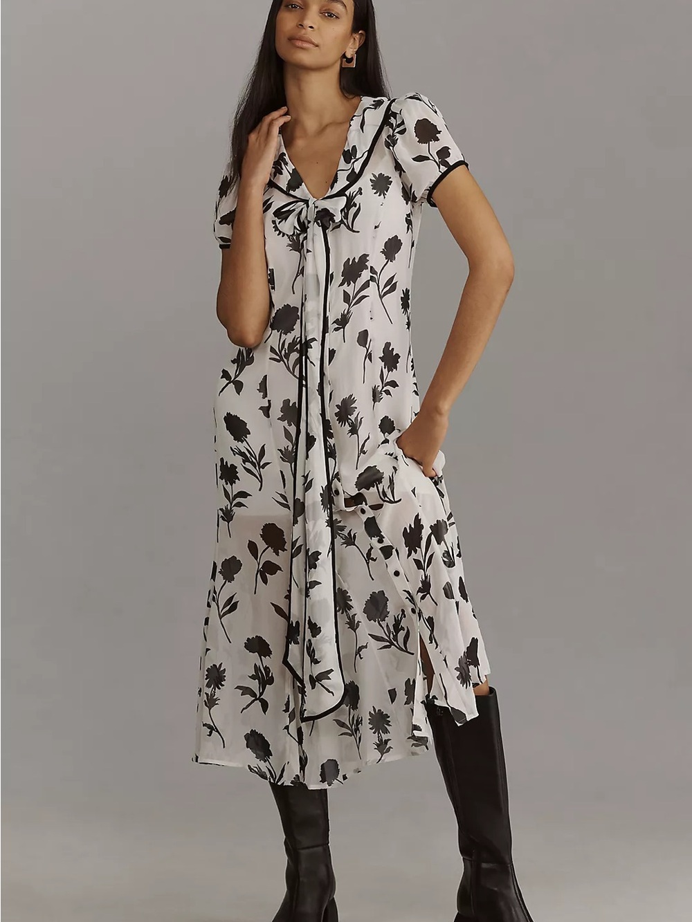 Maeve Short-Sleeve Tie-Neck Midi Shirt Dress size L